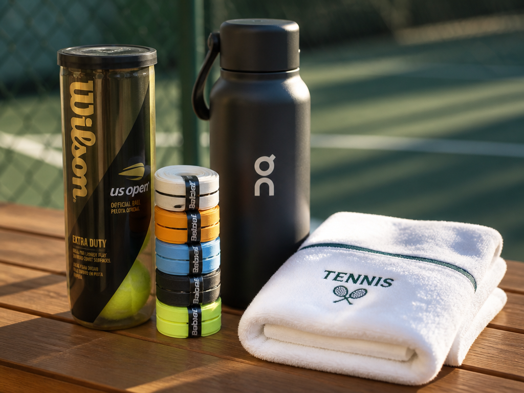 A close-up still life of premium tennis gifting essentials arranged on a clean wooden…