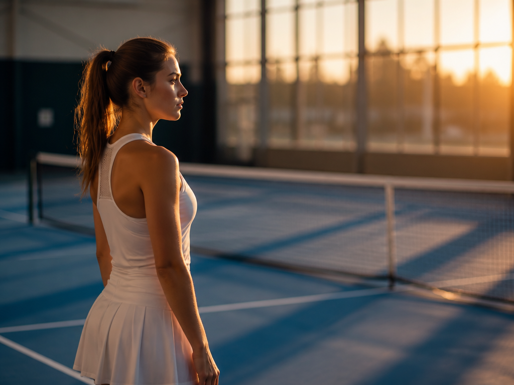 A serene indoor scene of a tennis player standing thoughtfully at the edge of…