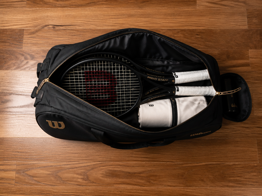 A photorealistic flat-lay of a brand new premium tennis bag unzipped on a polished…