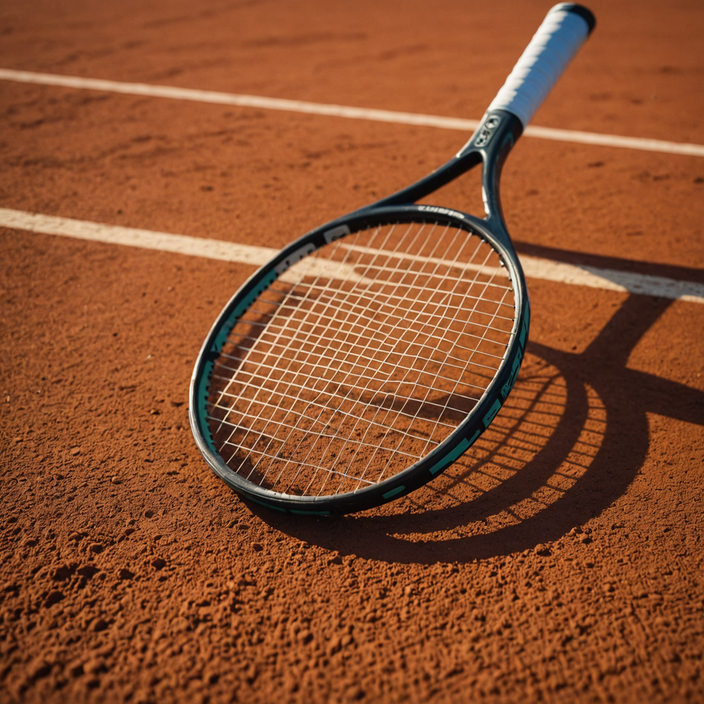 Close-up macro photograph of a modern tennis racquet with an 18x19 string pattern resting…