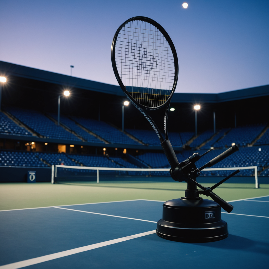 Wide atmospheric photograph of an empty professional tennis stadium at dusk, a single stringing…