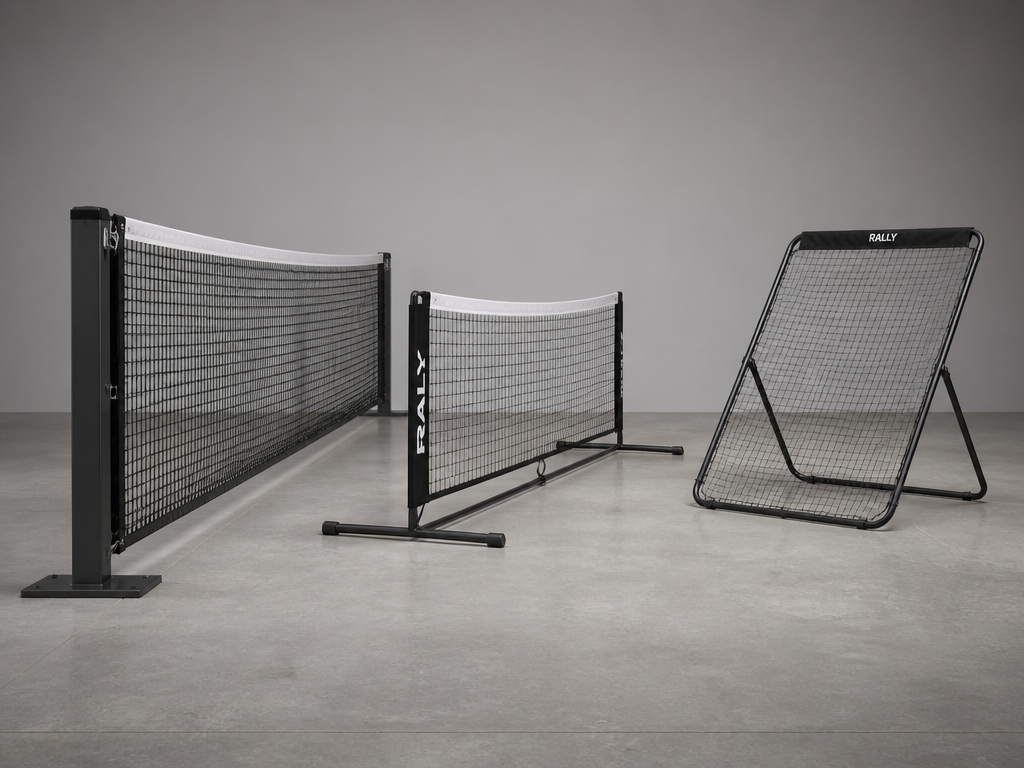 A photorealistic studio-style product shot comparing three tennis nets arranged side by side on…