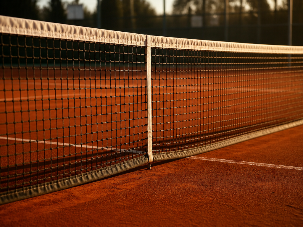 A professional photorealistic close-up of a regulation full-size tennis net stretched taut across an…