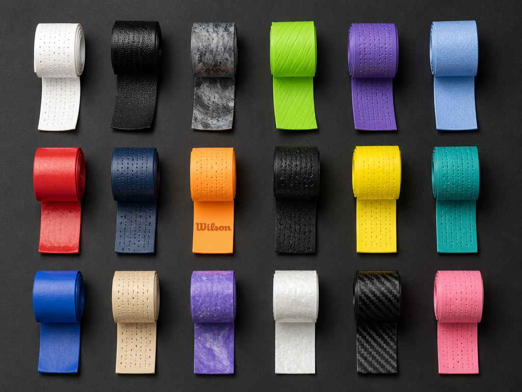 Flat-lay overhead photograph of an array of different tennis overgrips arranged in a clean…