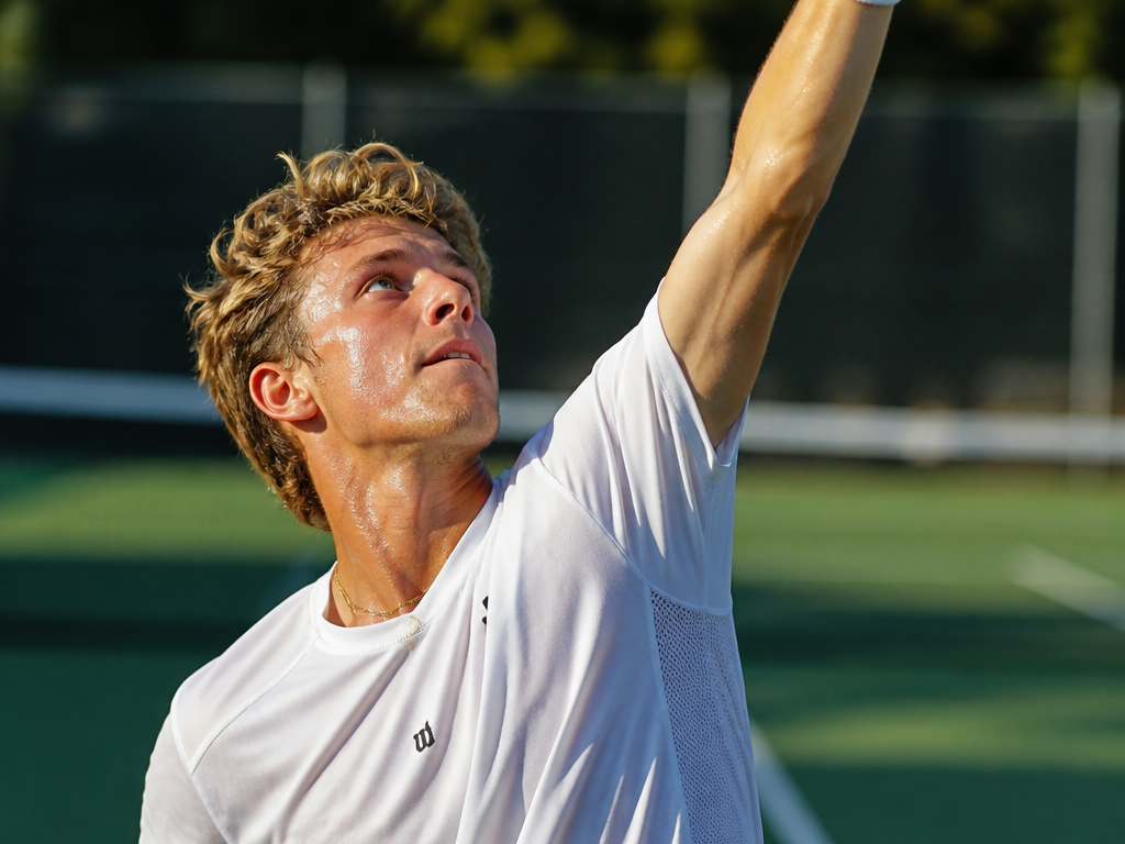 A focused intermediate tennis player mid-serve on an outdoor hard court in bright July…