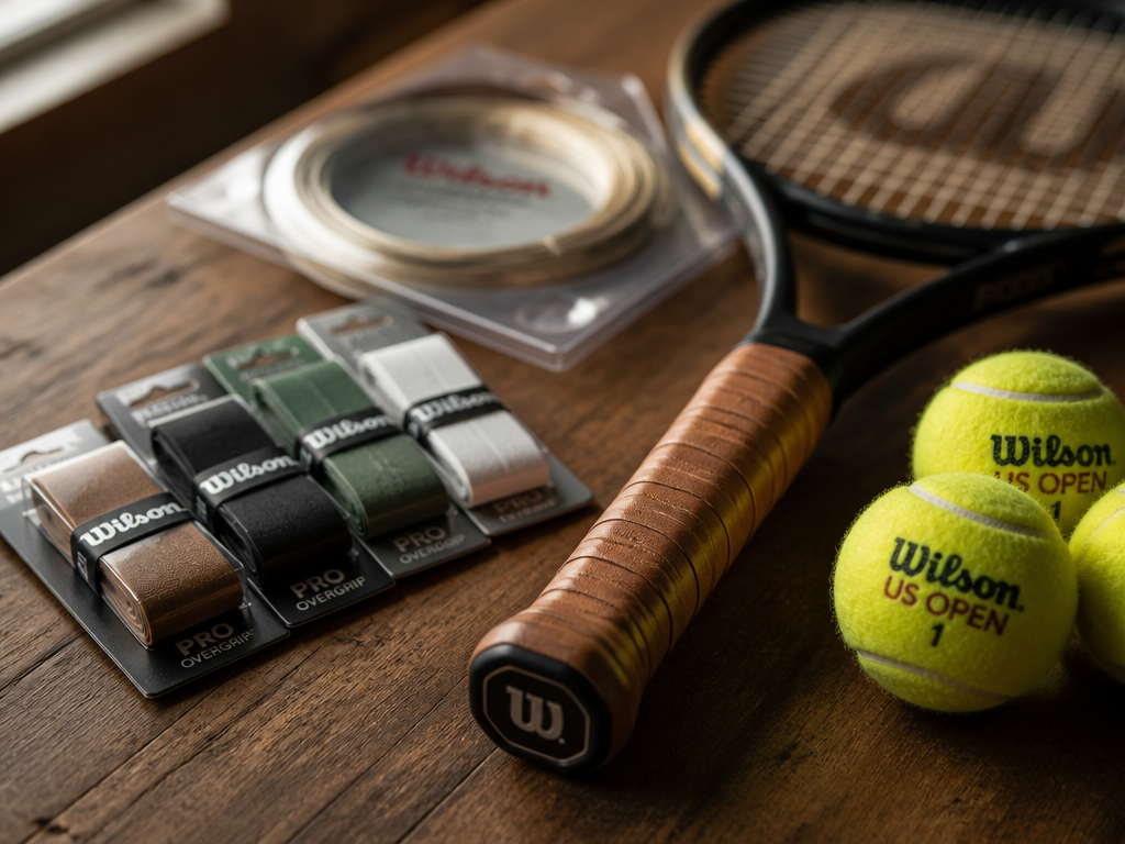 Close-up still life of tennis consumables arranged on a clean wooden table beside a…