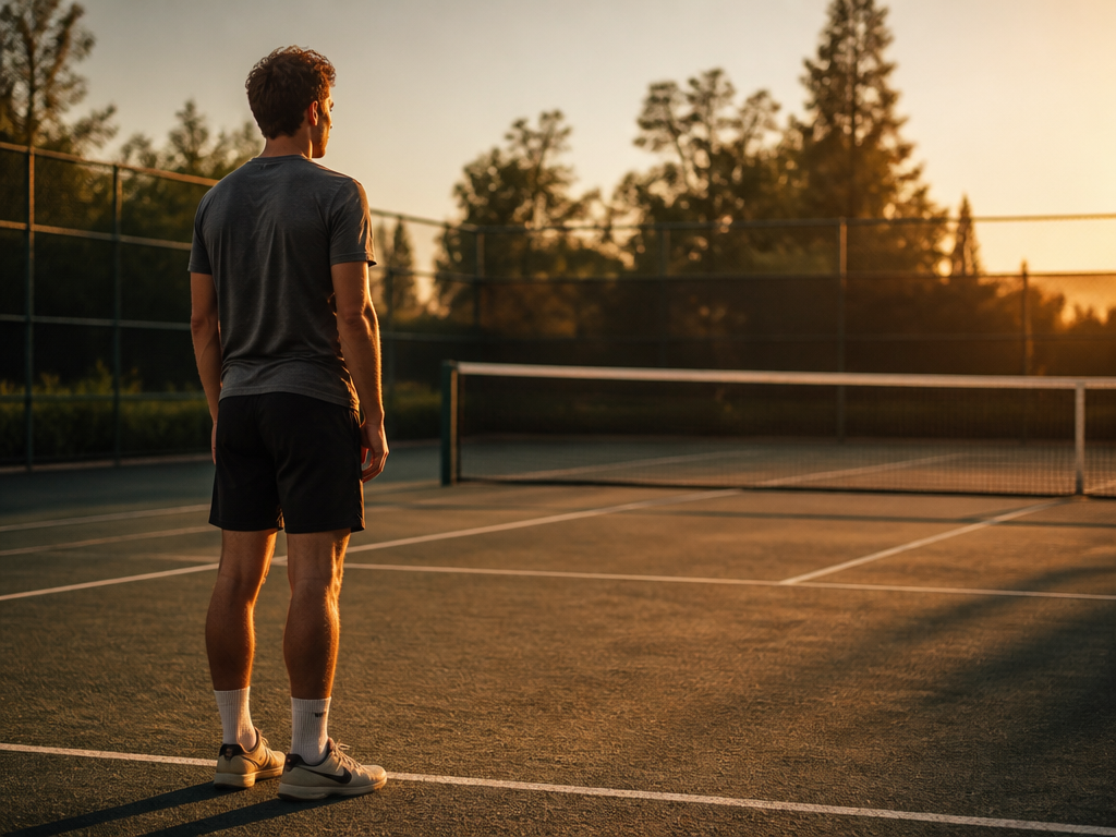 A thoughtful amateur tennis player standing alone at the baseline of an empty outdoor…