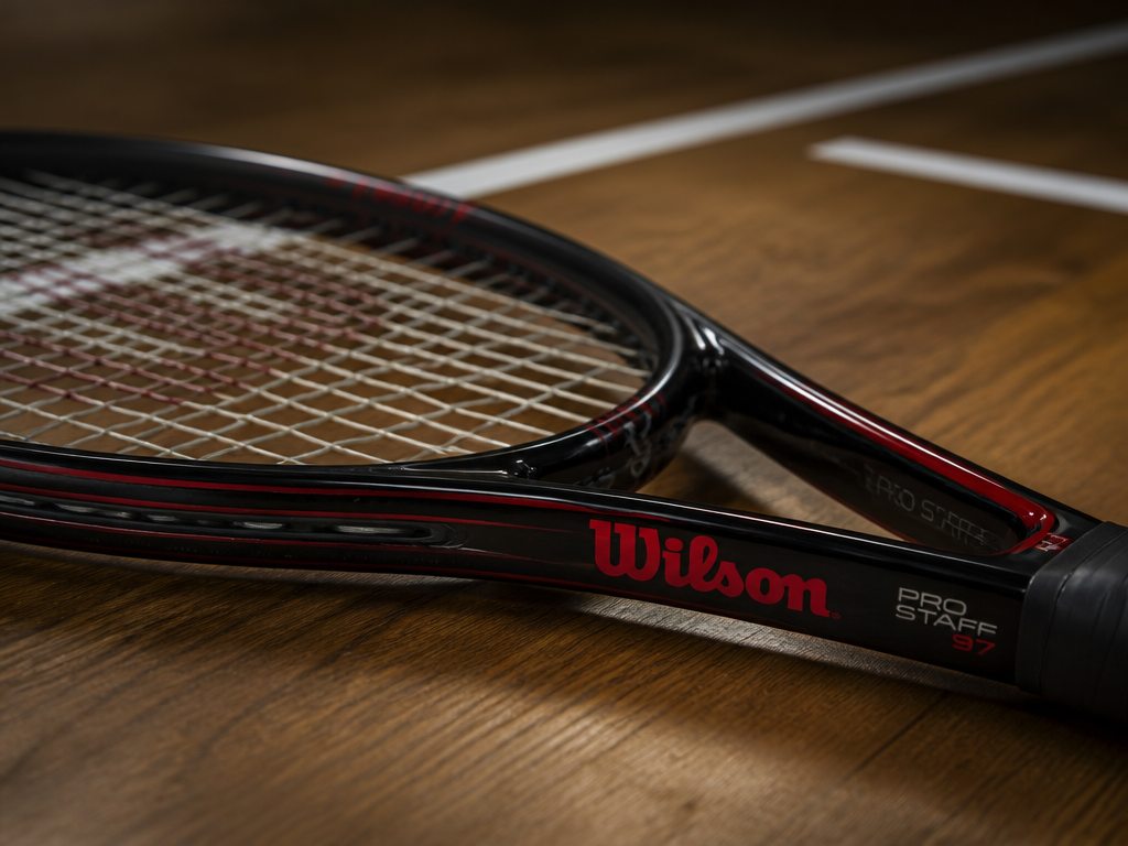 A close-up product still-life of a premium black-and-red professional tennis racquet resting on a…