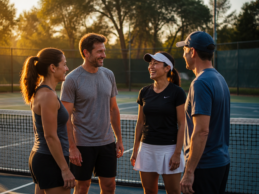 Photorealistic wide-angle photograph of a public outdoor tennis court at golden hour, captured from…