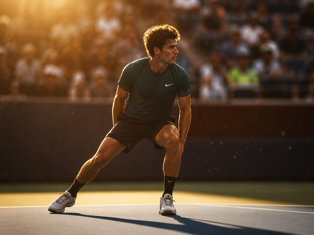 A lone competitive baseliner photographed mid-stride on a sunlit hard court during golden hour…