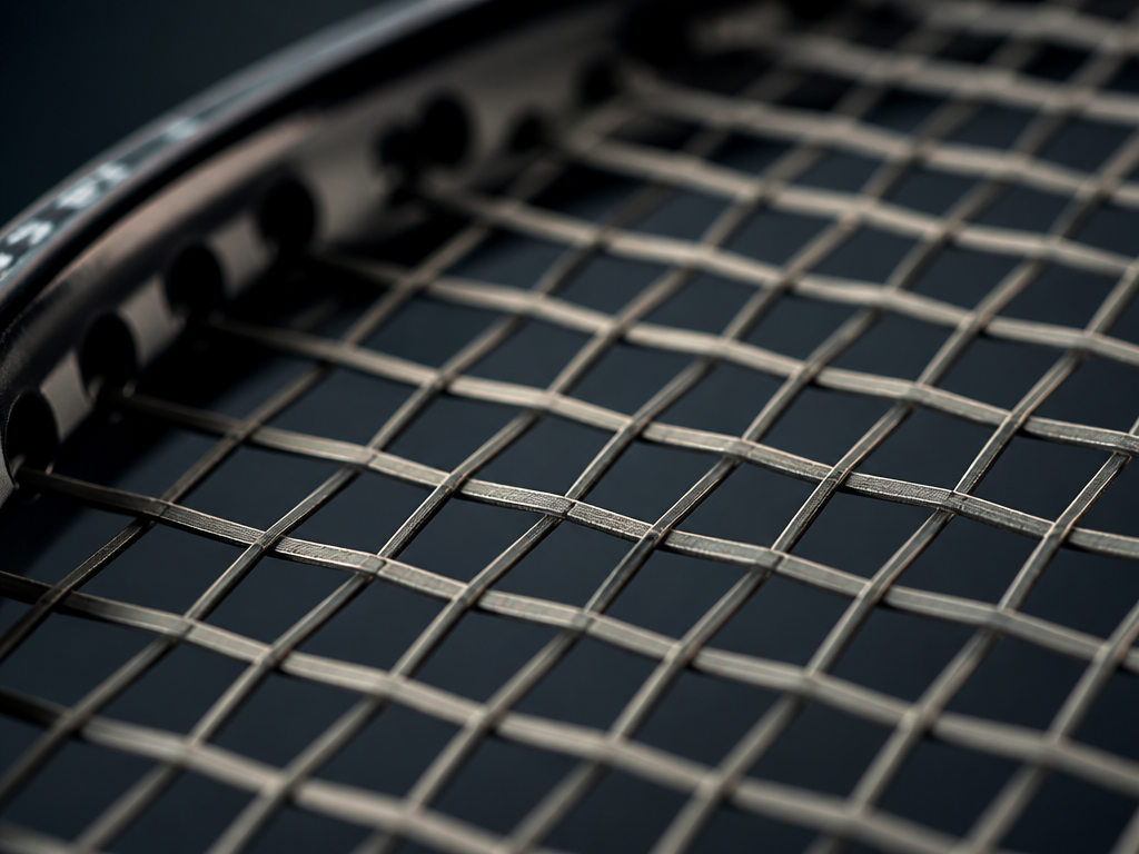 Extreme macro photograph of a tightly strung tennis racquet face, the shaped co-polyester strings…
