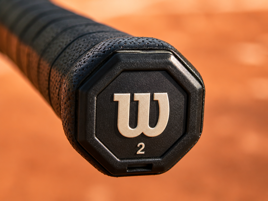Extreme close-up macro photograph of an octagonal tennis racquet handle held edge-on against a…