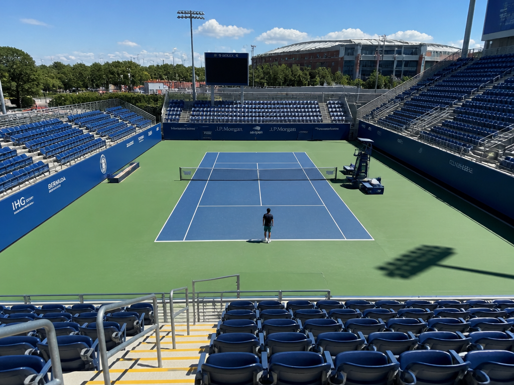 A wide-angle photograph of a sunlit professional tennis court viewed from the upper stands…
