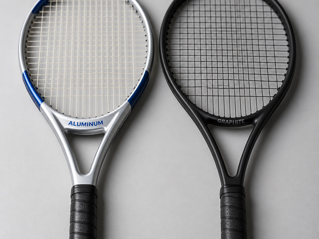 Two tennis racquets laid side by side on a clean, light-grey seamless studio backdrop…