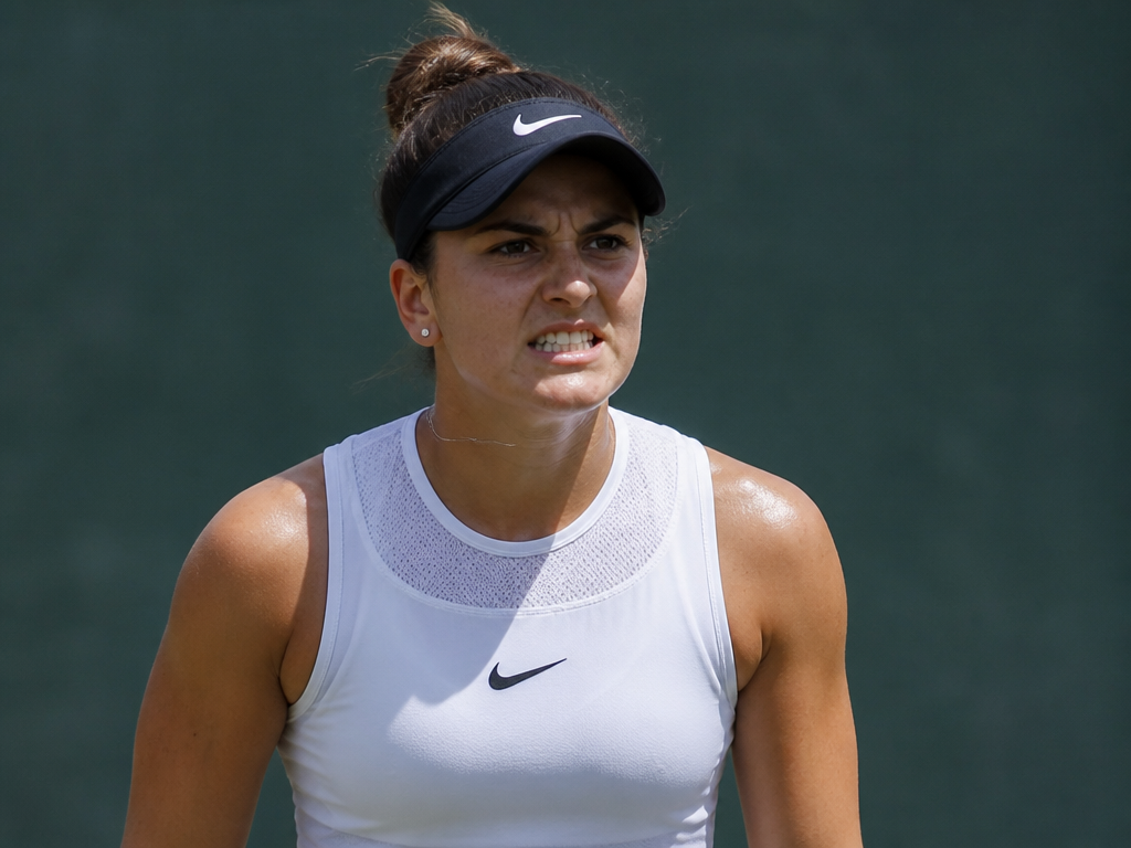 A tightly cropped photograph of a tennis player standing at the baseline between points…