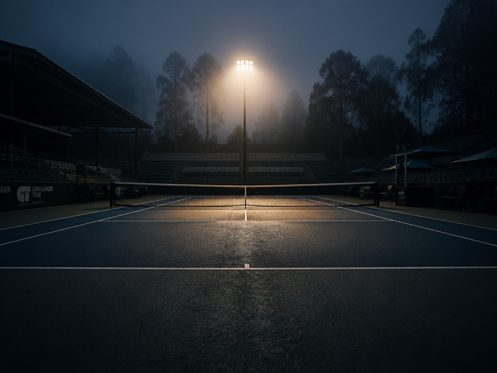 A moody, atmospheric photograph of an empty professional tennis court at dusk, a single…
