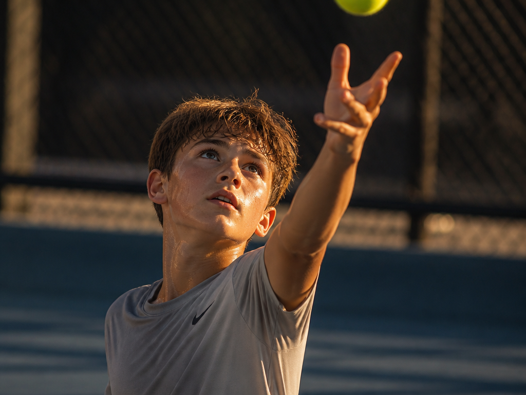A close-up, low-angle photograph of a junior tennis player mid-serve at the peak of…