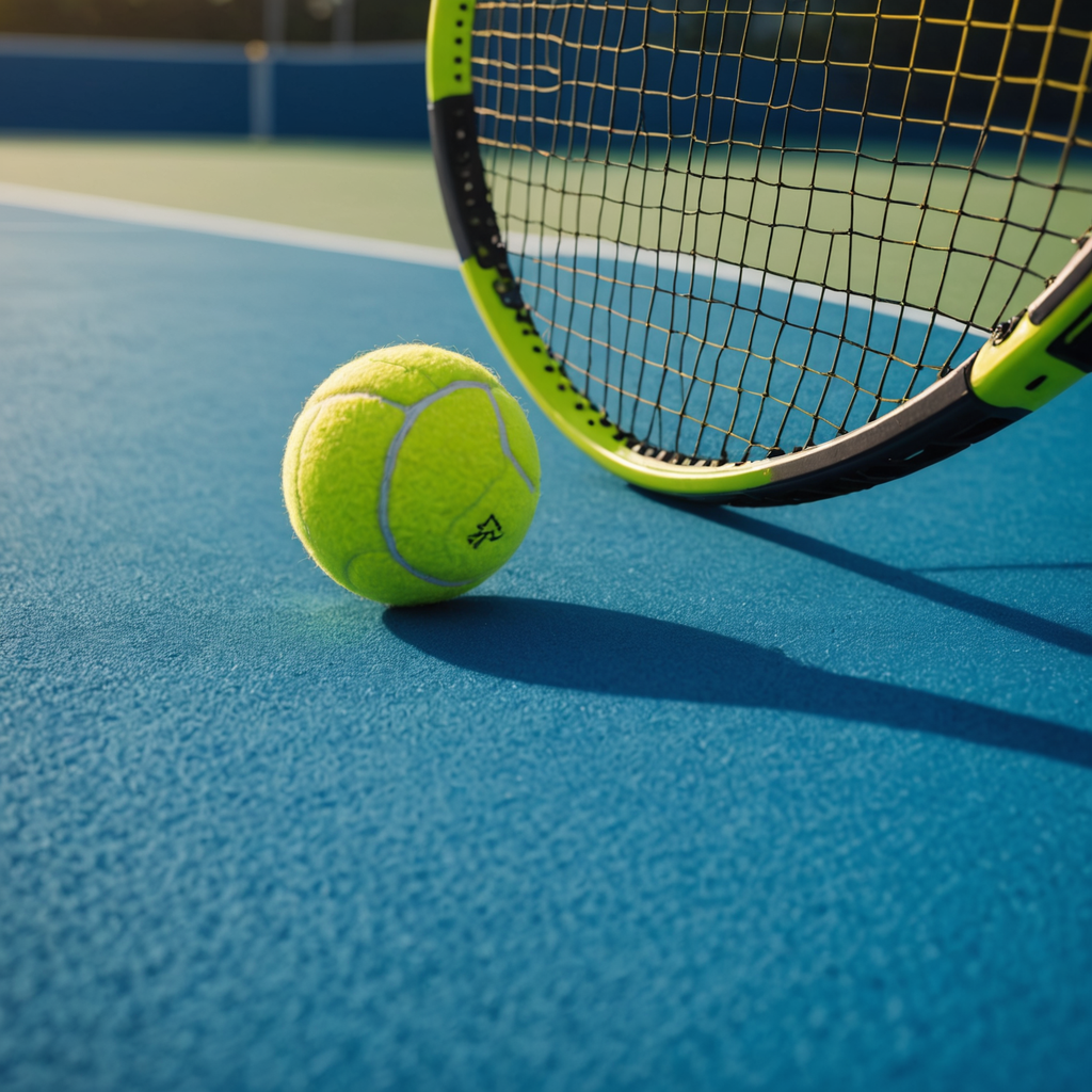 Close-up macro photograph of a professional tennis racquet resting on the blue acrylic surface…