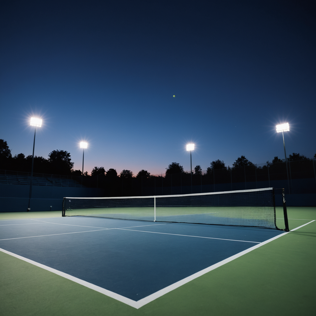 Wide low-angle photograph of an empty professional tennis court at dusk, a single tennis…