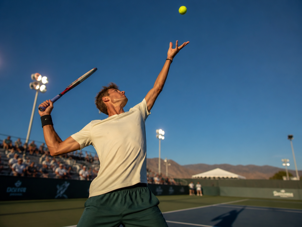 Low-angle photorealistic action shot of a tennis player mid-serve on an outdoor hard court…