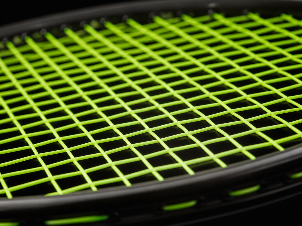 Extreme macro photograph of a freshly strung tennis racquet's string bed, the bright neon-green…