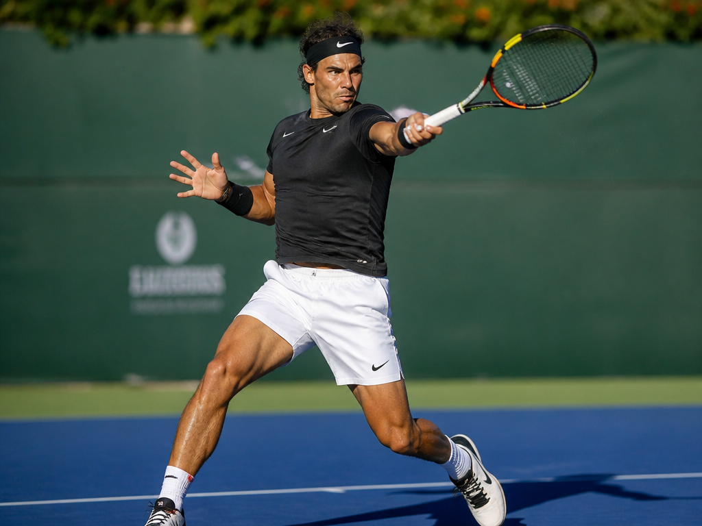 Dramatic action photograph of a male tennis player mid-swing on a hard court, captured…