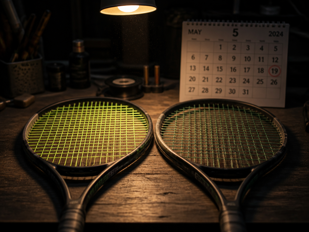 Quiet still-life on a wooden workbench in a dim stringing workshop, two used tennis…