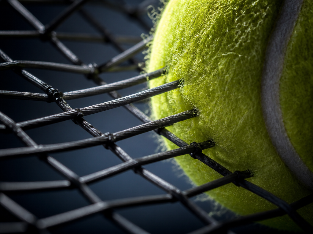 Extreme macro photograph of a tennis racquet stringbed at the exact millisecond of impact…