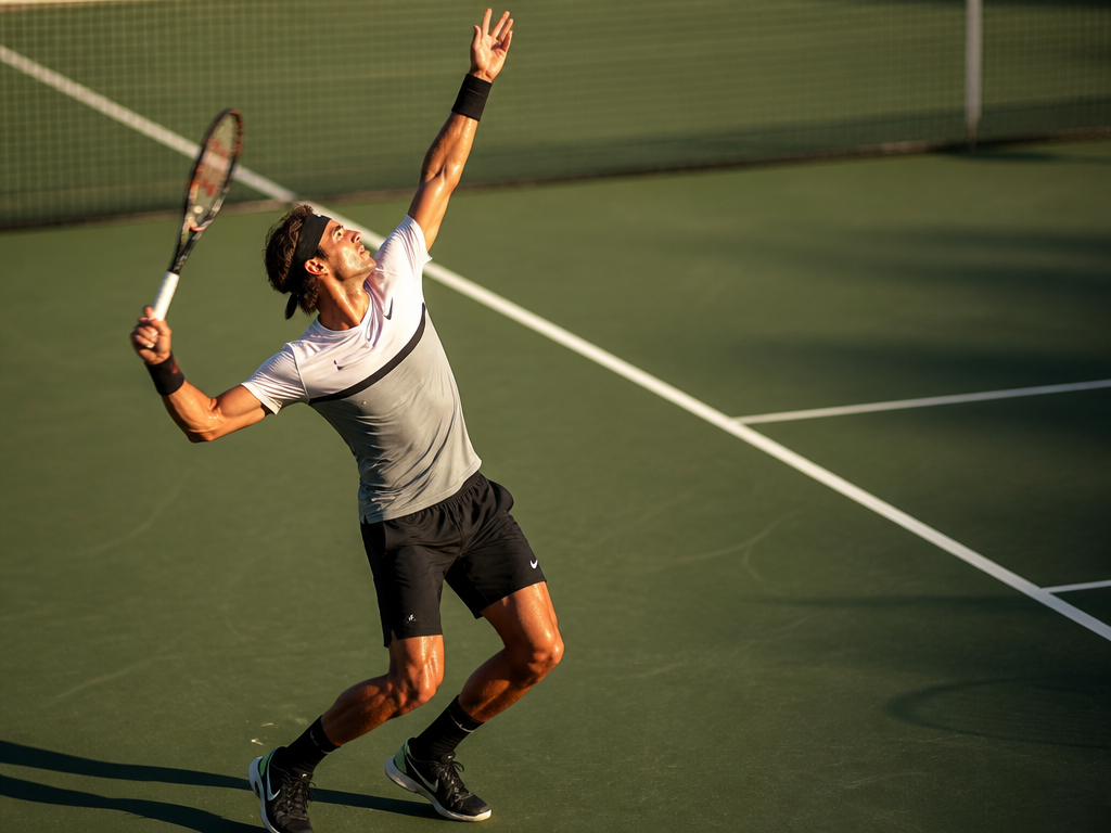 A professional tennis player captured mid-serve at the peak of the trophy pose on…