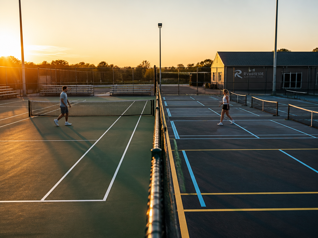 A wide split-composition outdoor sports photograph captured at golden hour, showing a freshly painted…