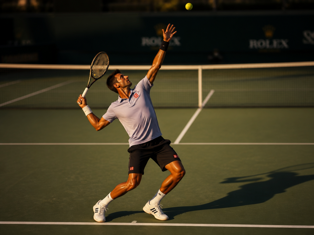 A professional male tennis player captured mid-serve in the trophy position on an outdoor…