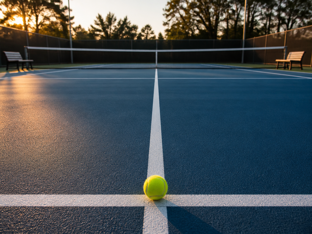 A photorealistic wide-angle shot of a sunlit outdoor tennis court at golden hour, captured…