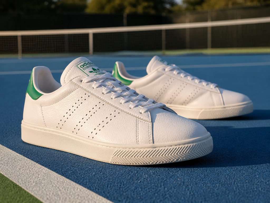 A close-up product photograph of a pair of white leather adidas-style tennis court shoes…