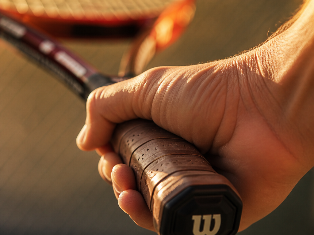 Extreme close-up of a right hand wrapped around the leather grip of a tennis…
