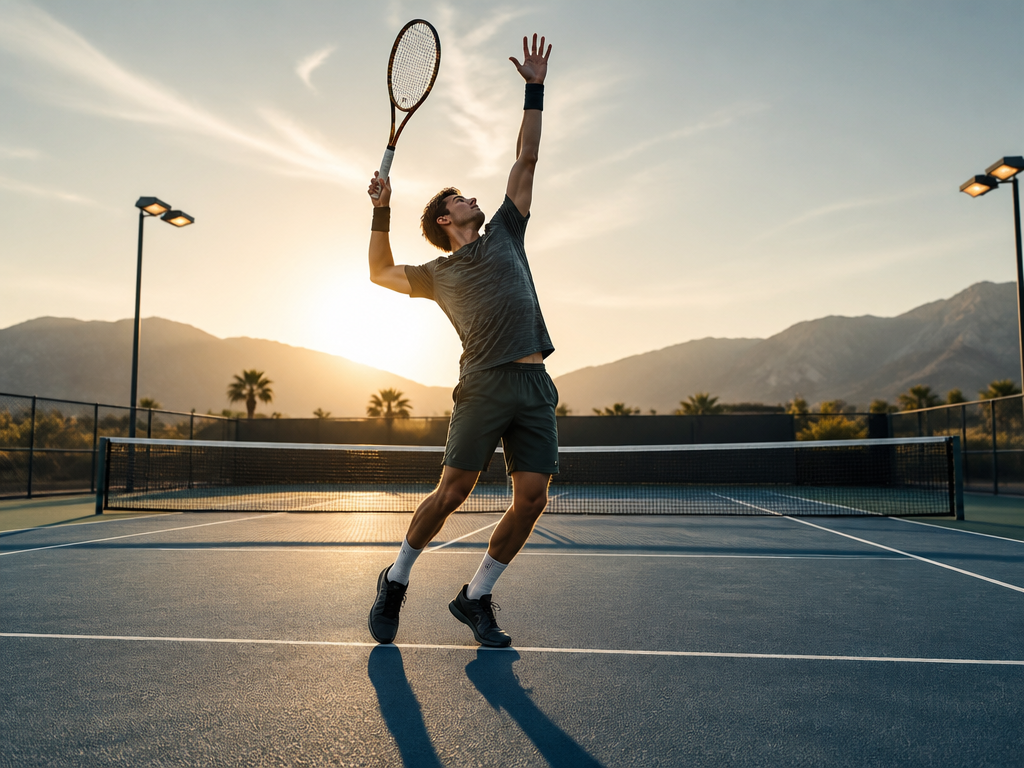 Wide cinematic shot of a lone tennis player on an empty hard court captured…