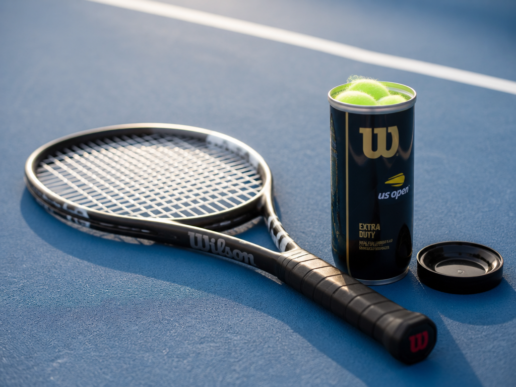 A close-up product still life of a single tennis racquet lying flat on a…