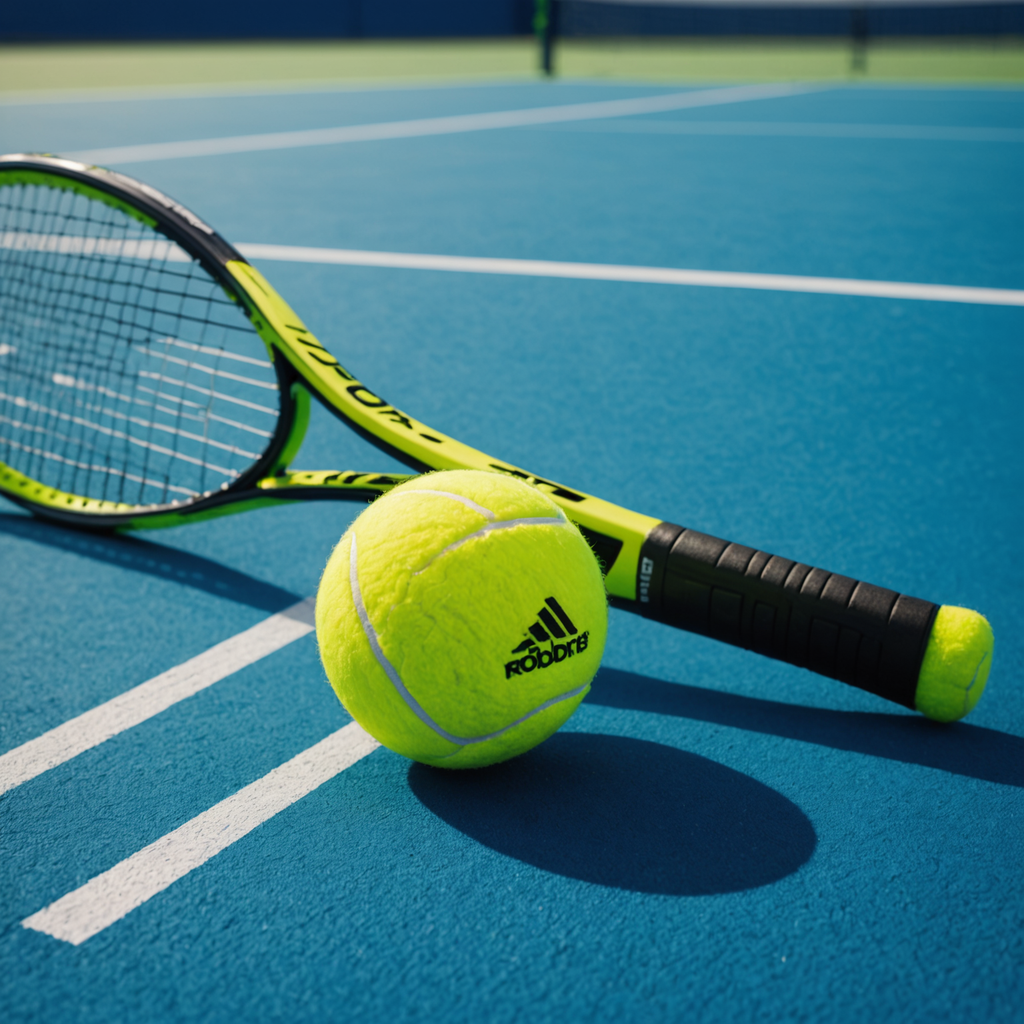 Close-up photorealistic product shot of a modern black and lime-green tennis racquet resting on…