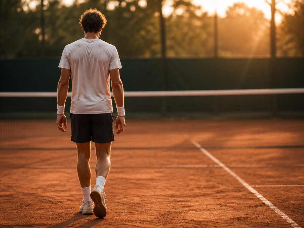 A solitary tennis player photographed from behind in the moment just after a match…