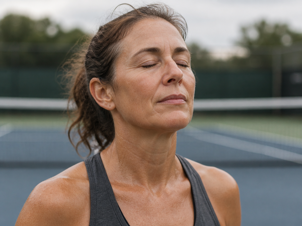 A close-up portrait of a middle-aged woman standing courtside after exertion, face glistening with…