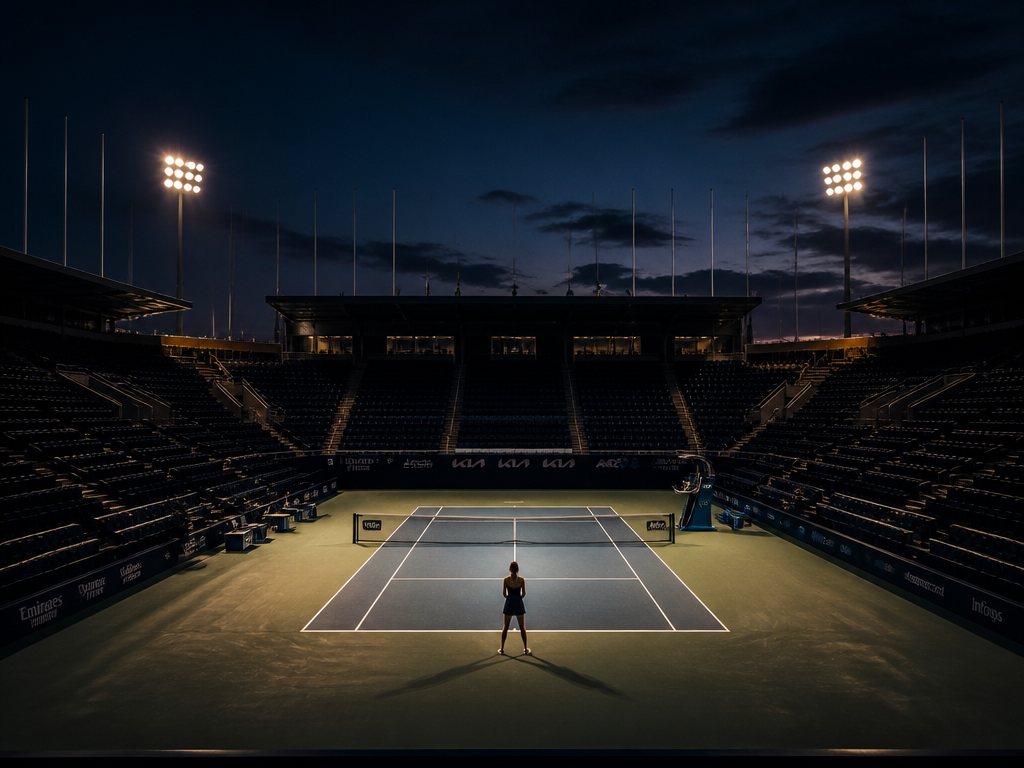 A quiet, atmospheric wide shot of an empty professional tennis stadium at dusk, the…