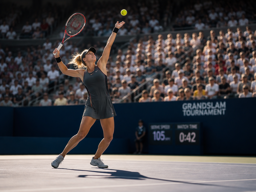 A lone professional female tennis player mid-serve on a hard court during a major…