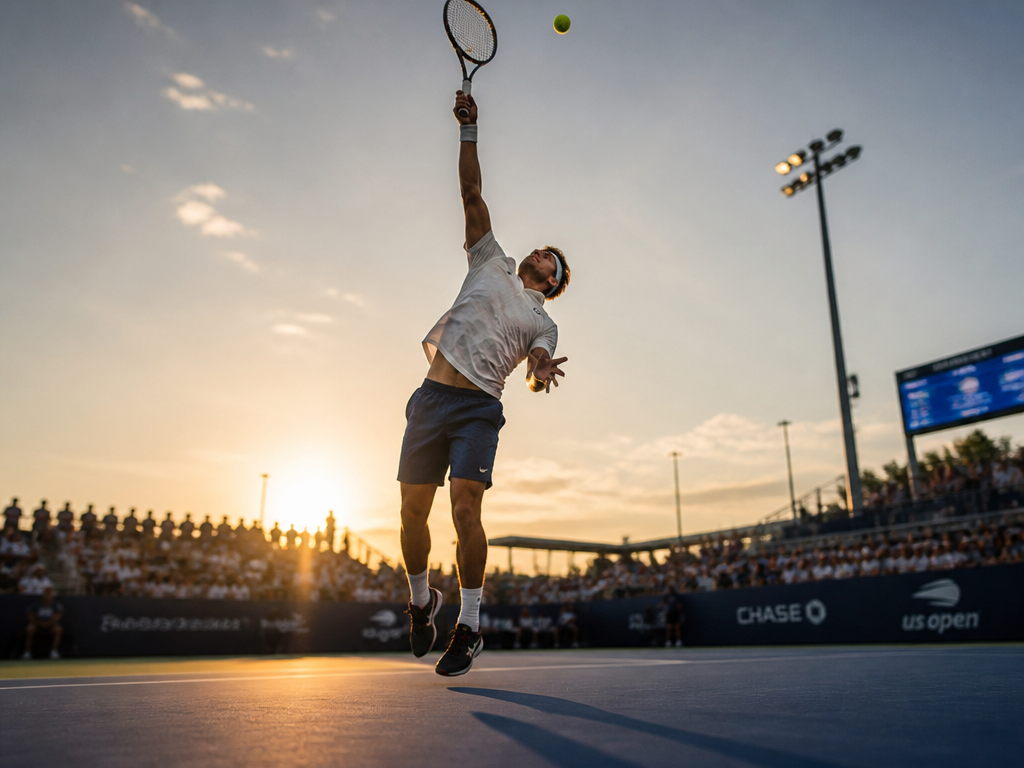 Low-angle action photograph of a tennis player mid-serve on an outdoor hard court at…