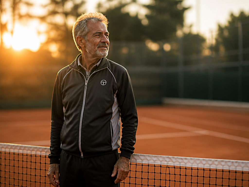 A weathered tennis coach standing at the net on an outdoor clay court during…