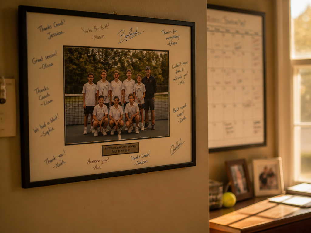 A framed photograph of a junior tennis team hanging on the wall of a…