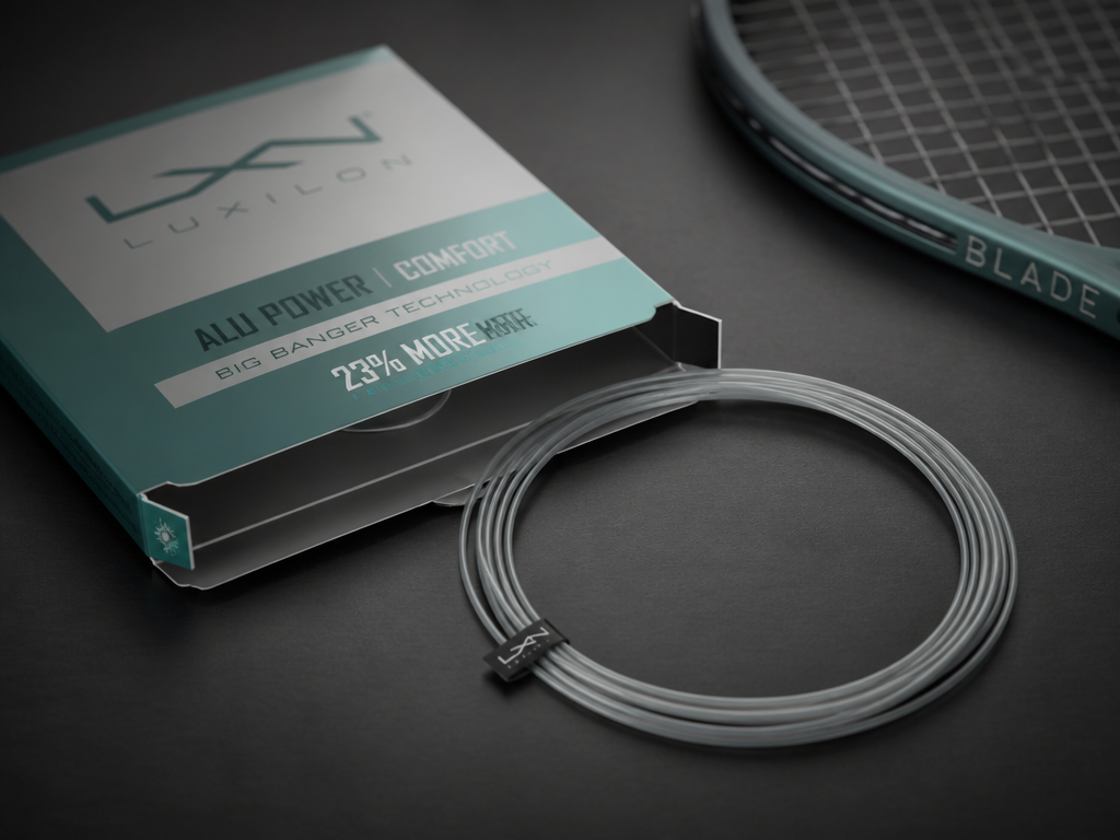 Photorealistic studio scene of an open premium tennis string pack and a coiled string…