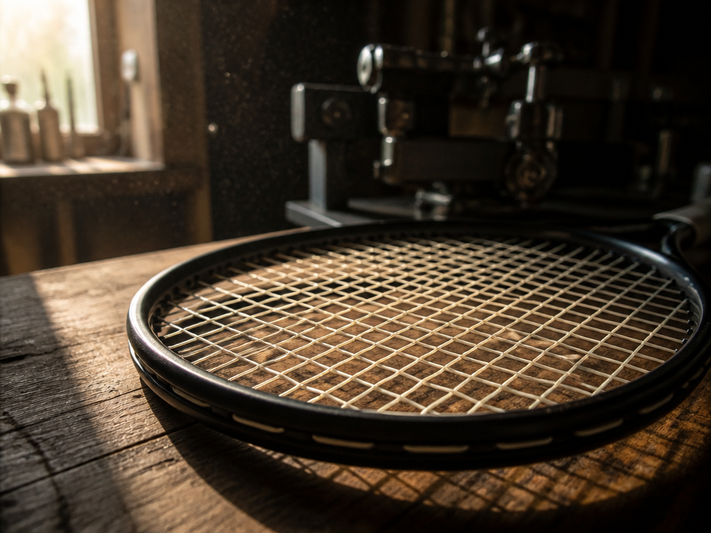 A close-up, photorealistic shot of a tennis racquet's tightly strung string-bed resting on a…