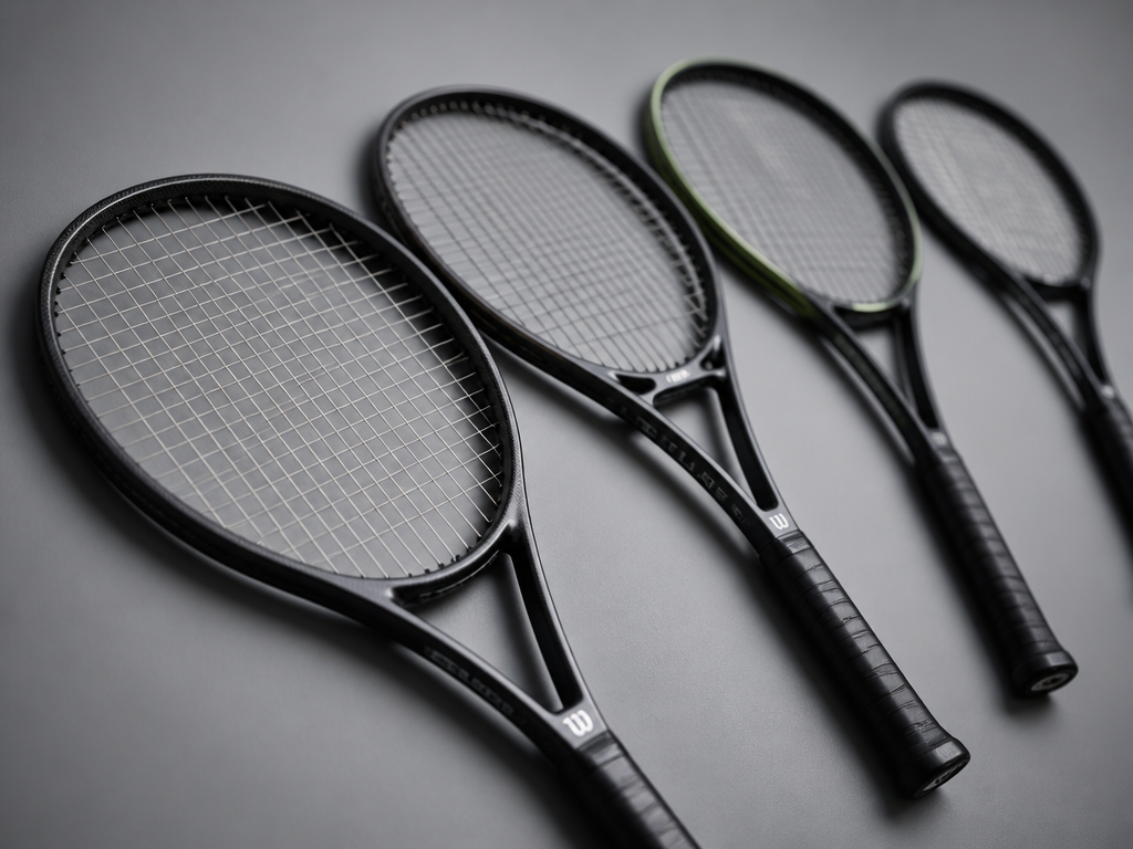 A close-up overhead shot of four distinct tennis racquets arranged in a neat row…