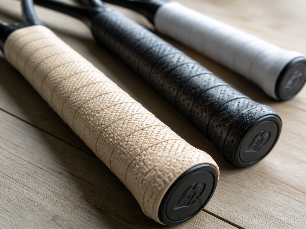 Three tennis racquet handles arranged side by side on a clean weathered wooden table…