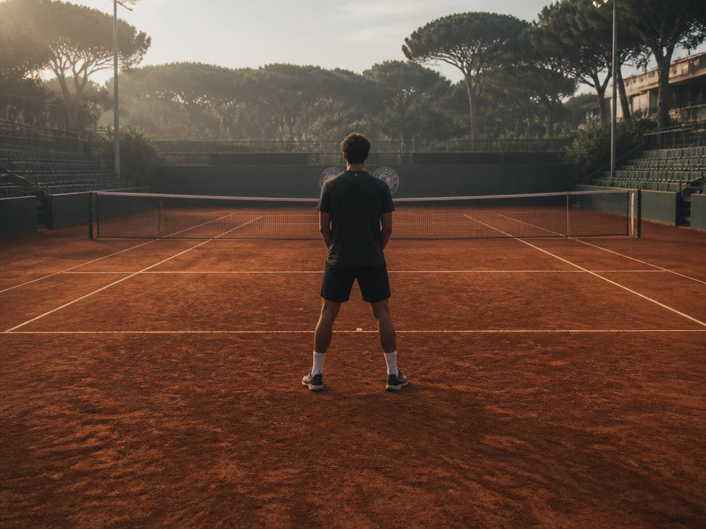 A wide, low-angle photograph of a single tennis player standing alone at the baseline…