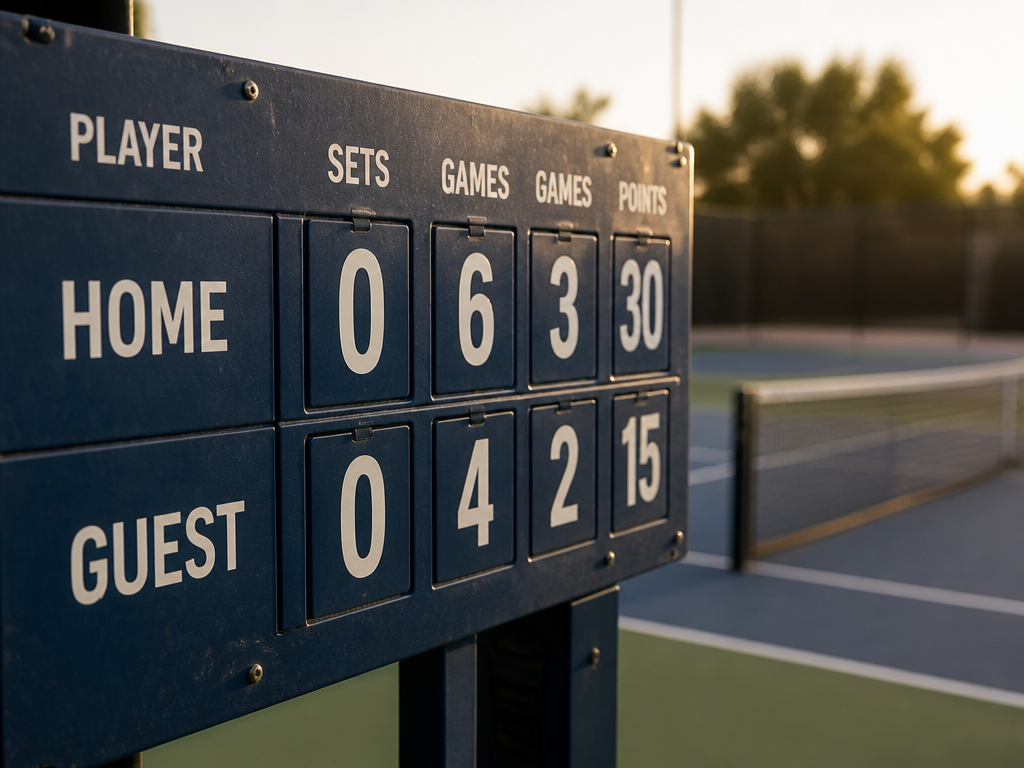 A close-up, eye-level photograph of a tennis scoreboard mounted beside an outdoor hard court…